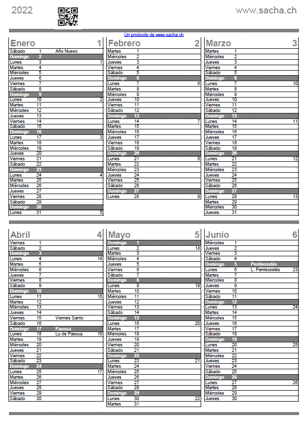 Calendario 2022 semestral